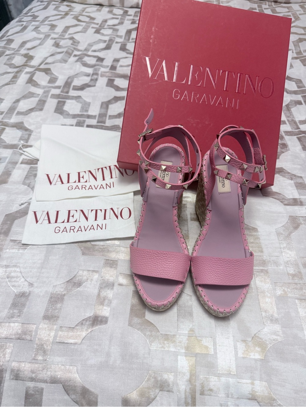 Valentino Pink Rockstud Espadrille Wedge Sandals